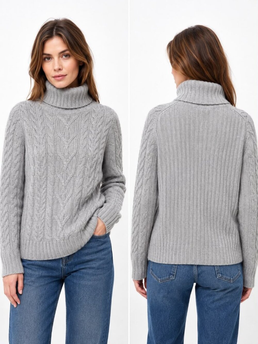 Sarah Spencer Lambswool Angora Cable Knit Turtleneck Sweater Gray S